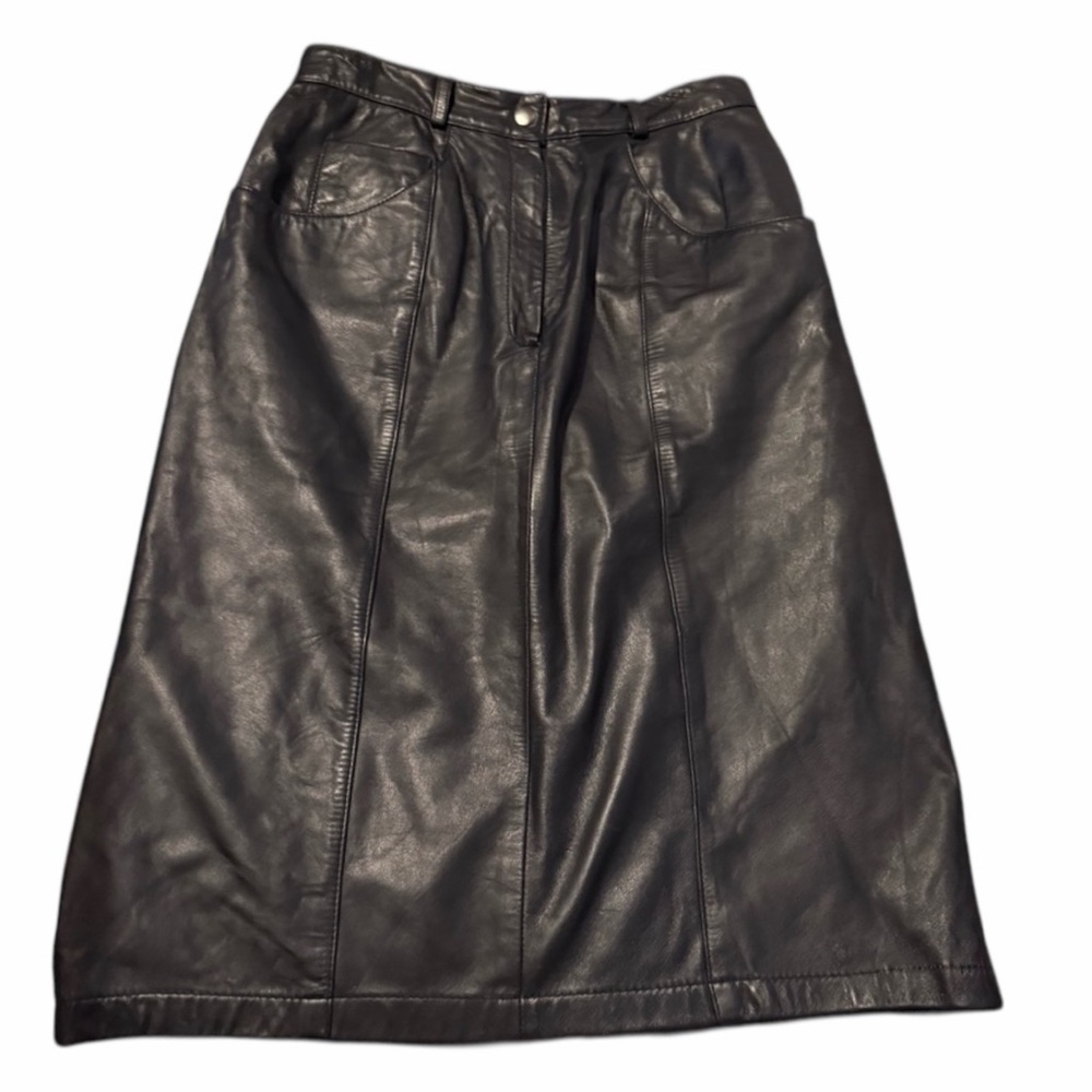 Vintage Black Leather Midi Skirt 90s Minimal Size 8 XS - Picture 2 of 4